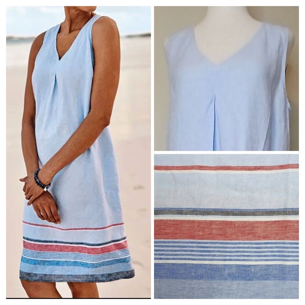 J. Jill Dress Sz S Tall 100% Linen Lt. Blue/Multi A-line Midi w Pockets NWT $108